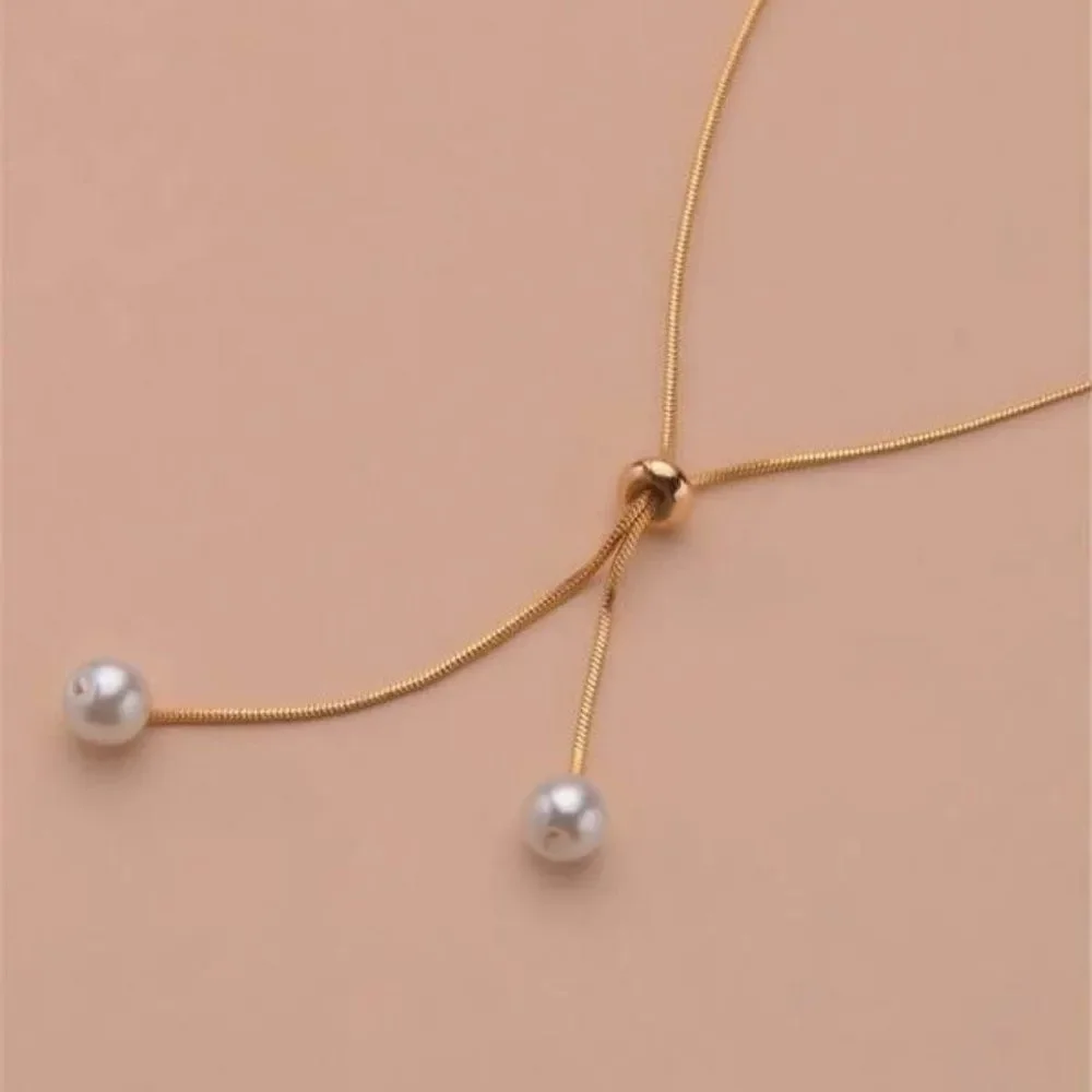 Gold Color Snake Chain Faux Pearl Decorated Necklace - Picture 3 of 4